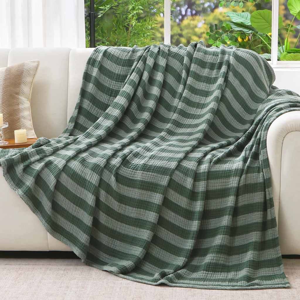 Green Striped Muslin Cotton Throw Blanket