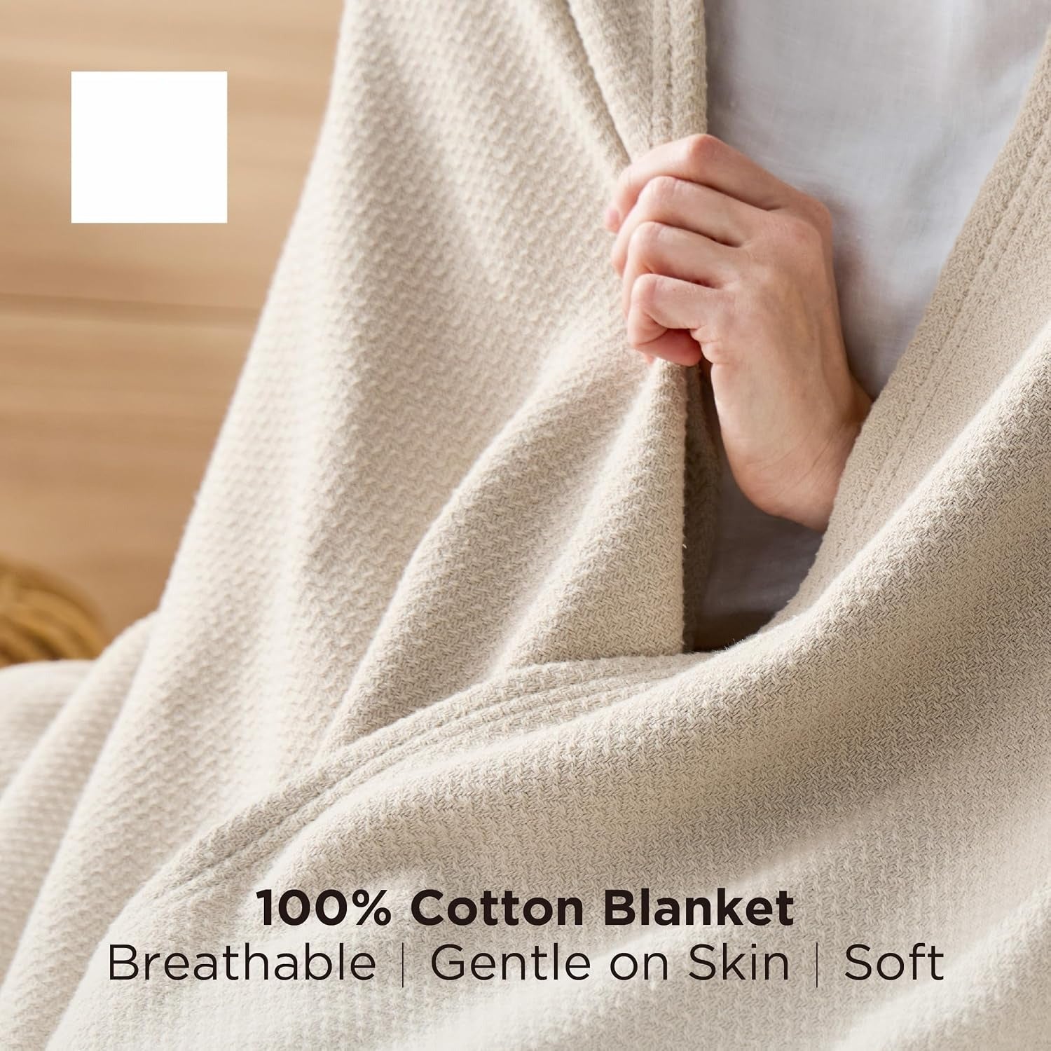 Beige Cotton Herringbone Twin‑XL Blanket