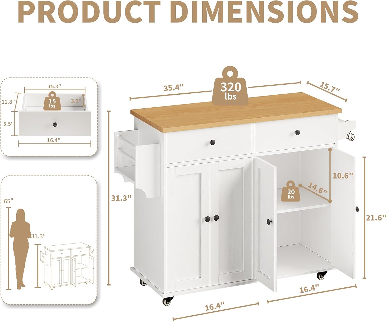 White Rolling Kitchen Island Storage Cart