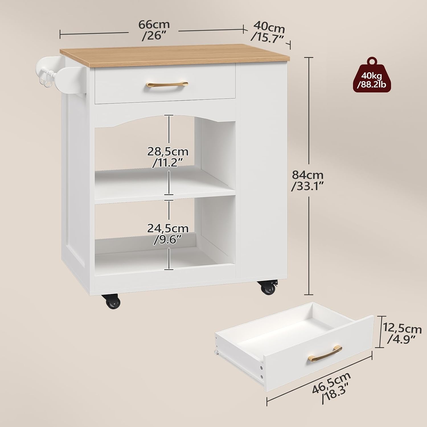 White Rolling Kitchen Island Storage Cart