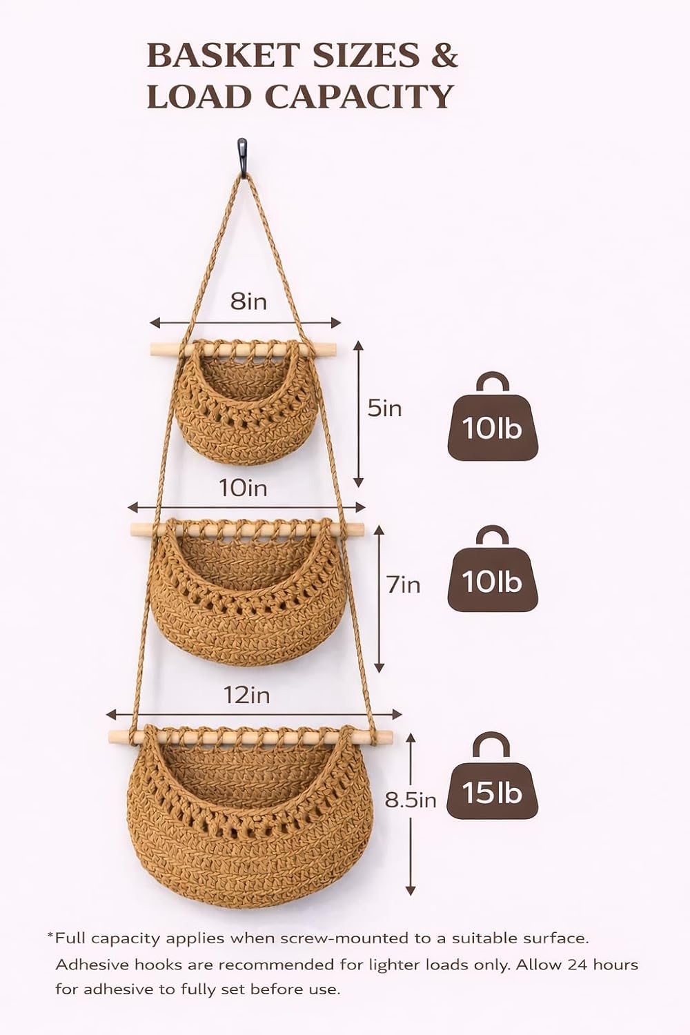 3‑Tier Cotton Hanging Wall Storage Basket