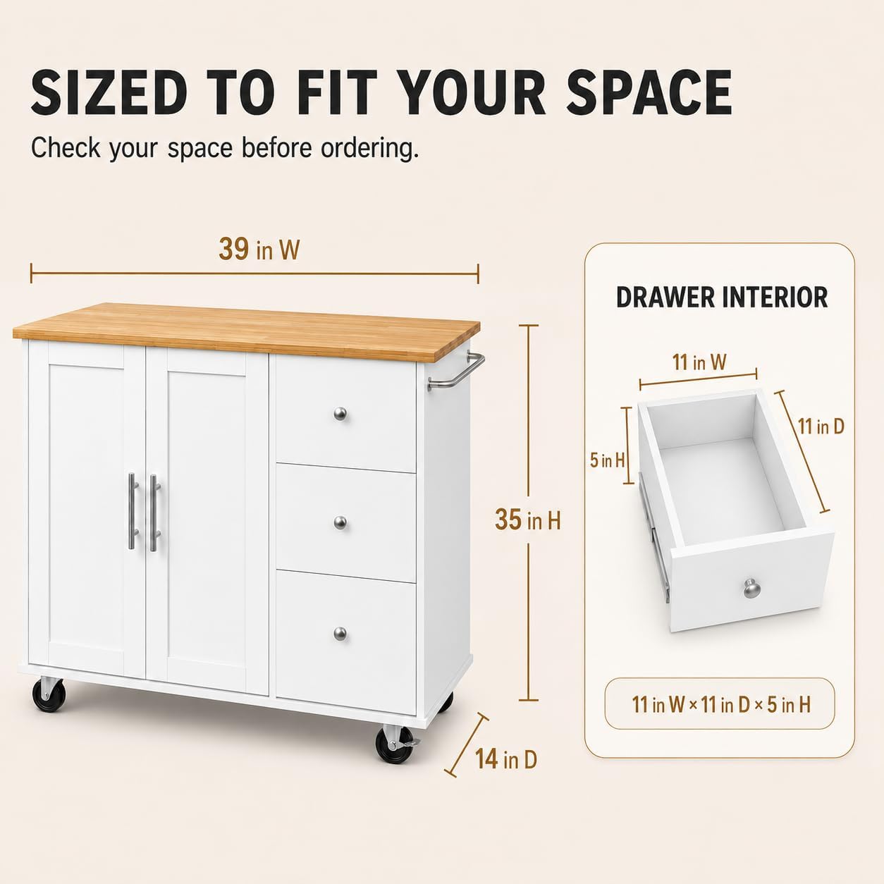 White Rolling Kitchen Island Storage Cart