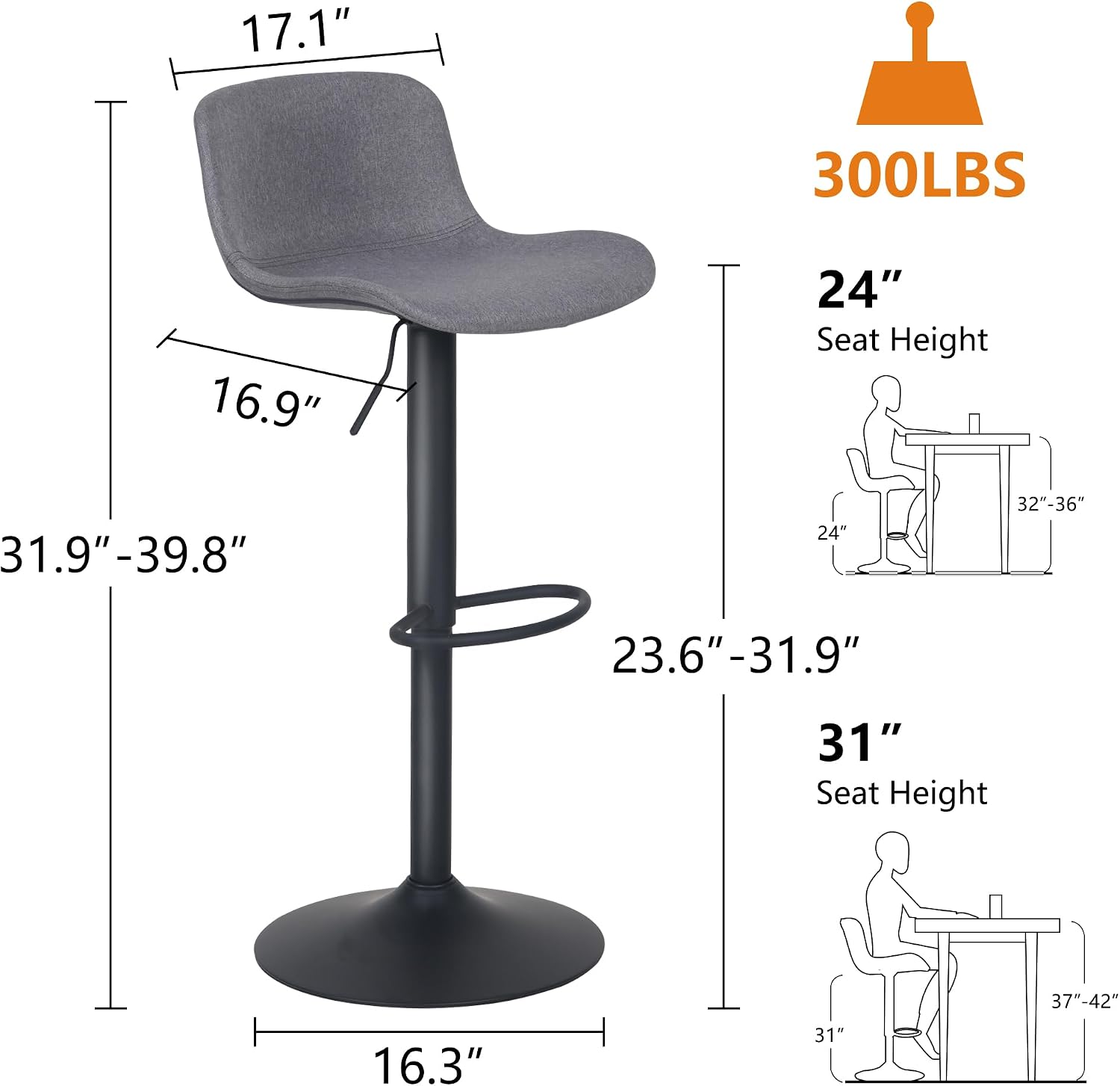 Grey Fabric Swivel Bar Stool Set