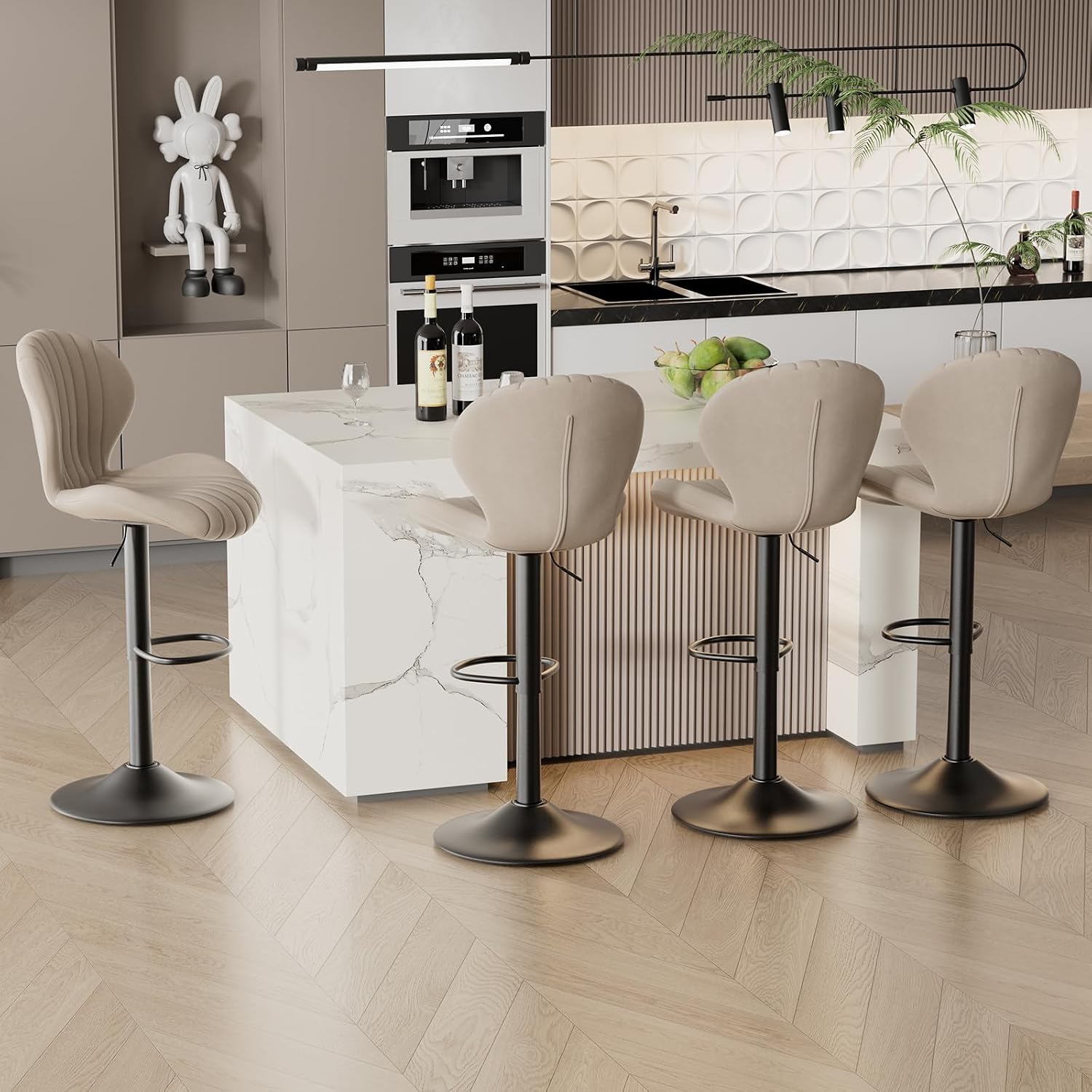 Light Khaki Swivel Fabric Bar Stool Set