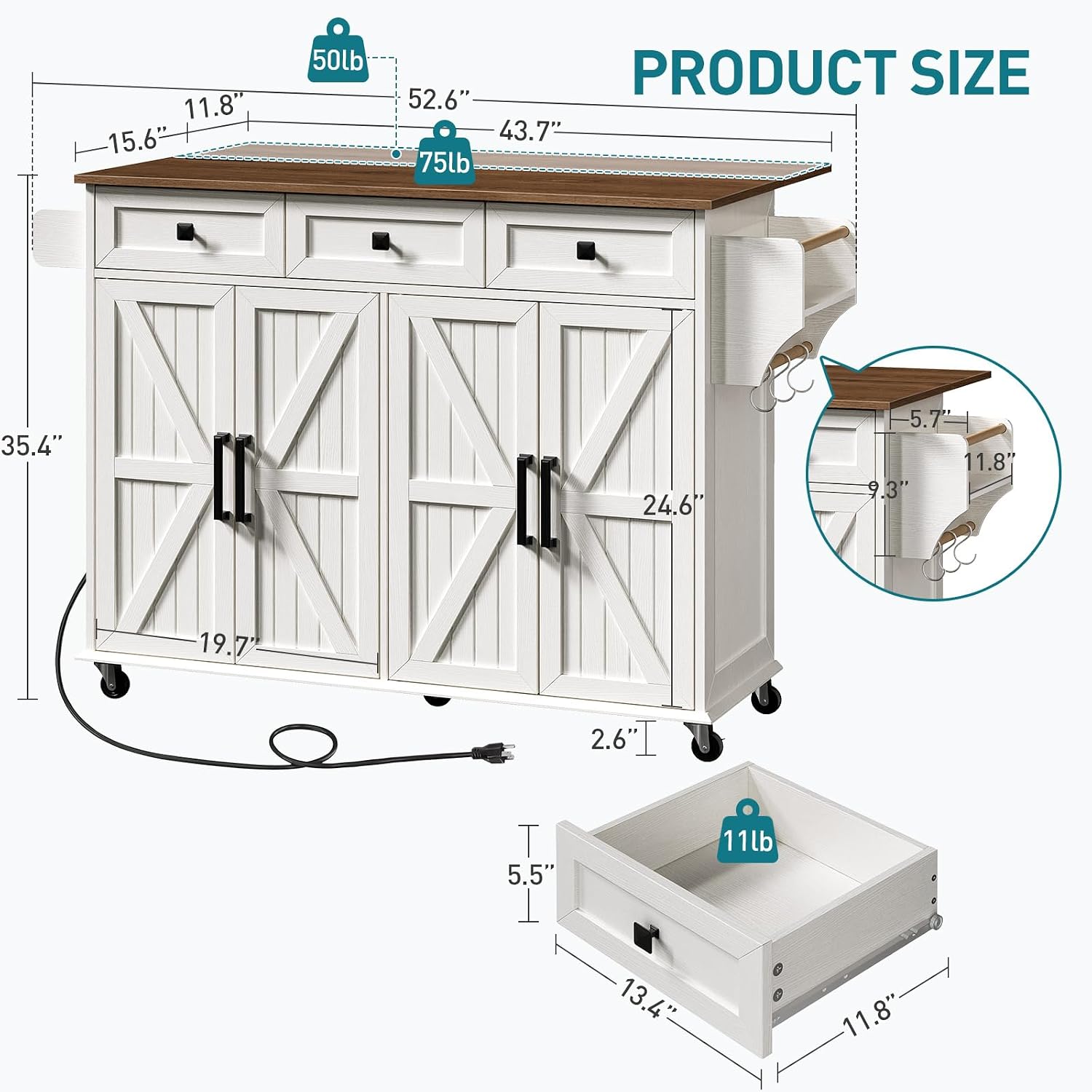 White Rolling Kitchen Island Storage Cart