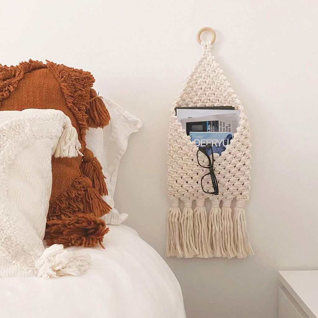 White Macrame Wall‑Mounted Mail Organizer