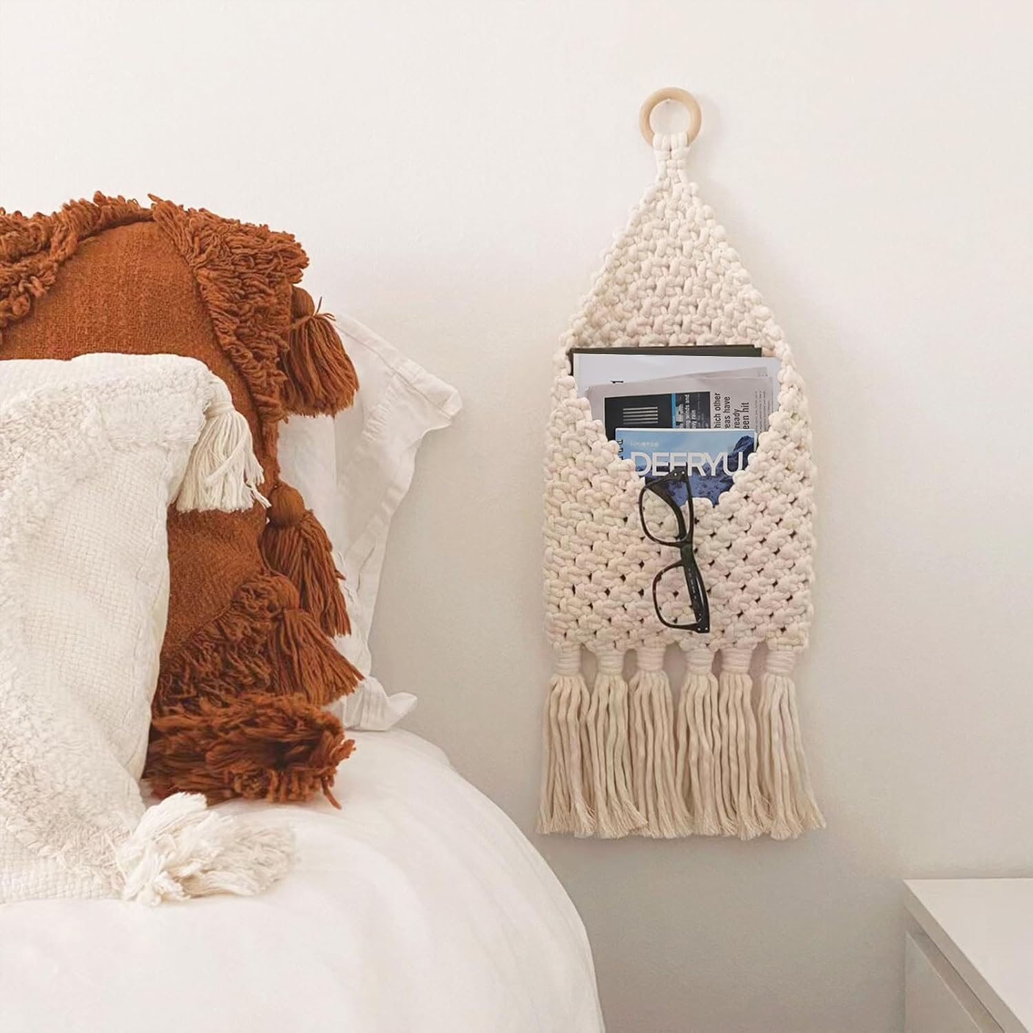 White Macrame Wall‑Mounted Mail Organizer