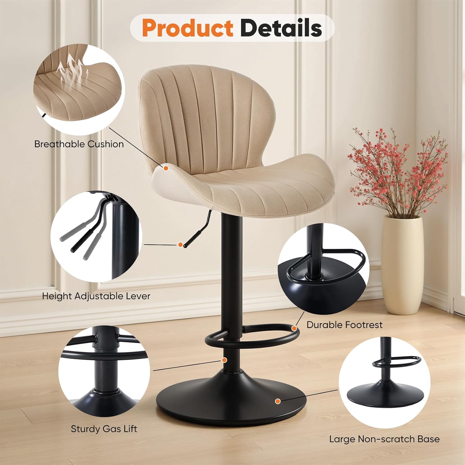 Fabric Swivel Adjustable Bar Stool Set