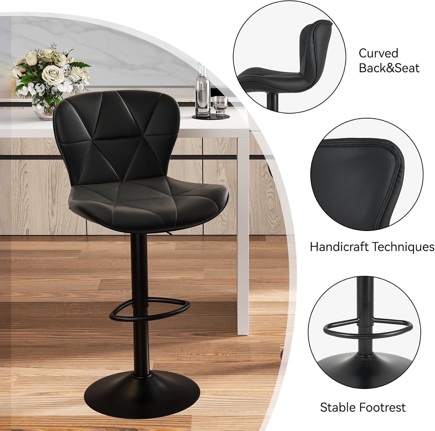 Black Faux‑Leather Swivel Bar Stool Set