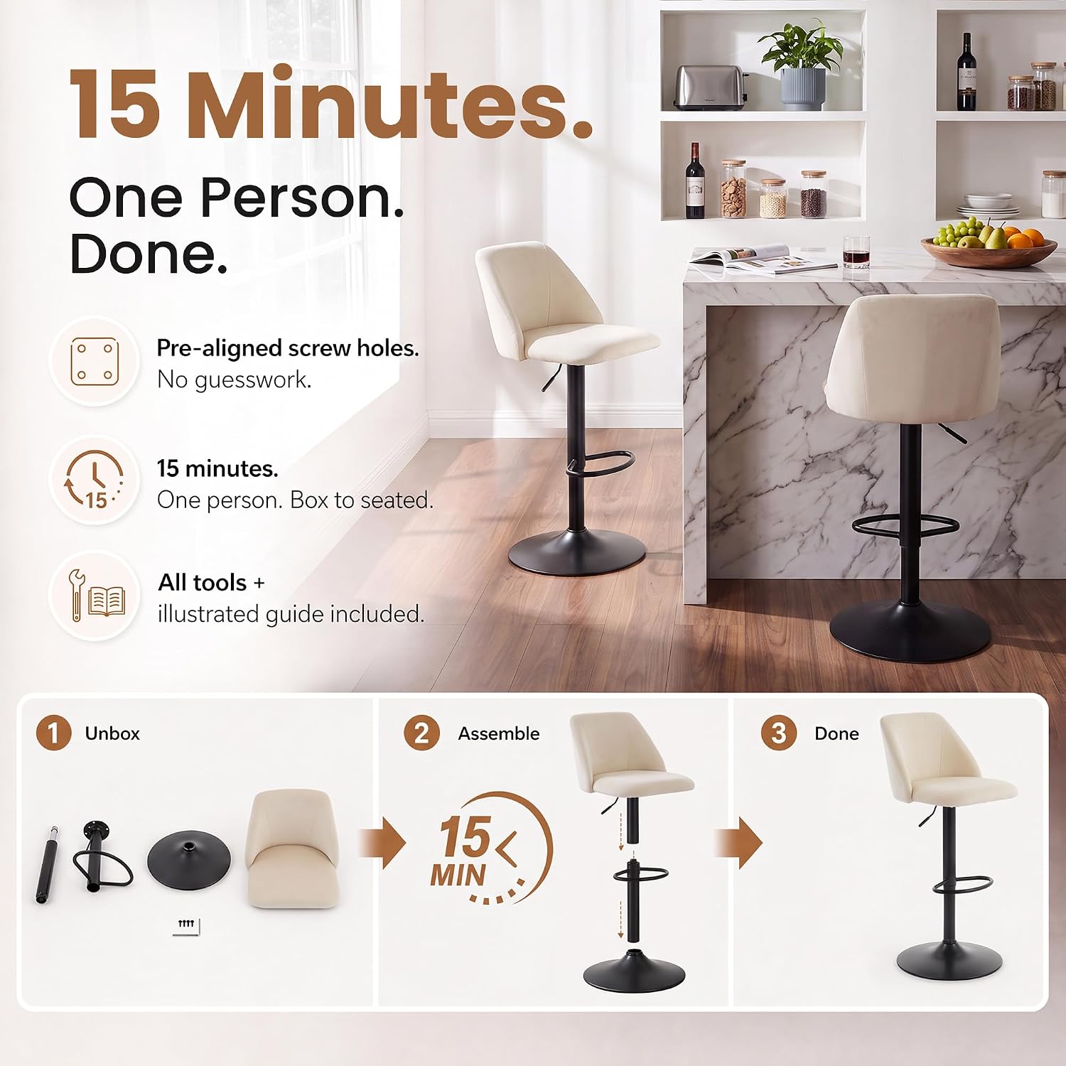 Beige Swivel Upholstered Bar Stool Set