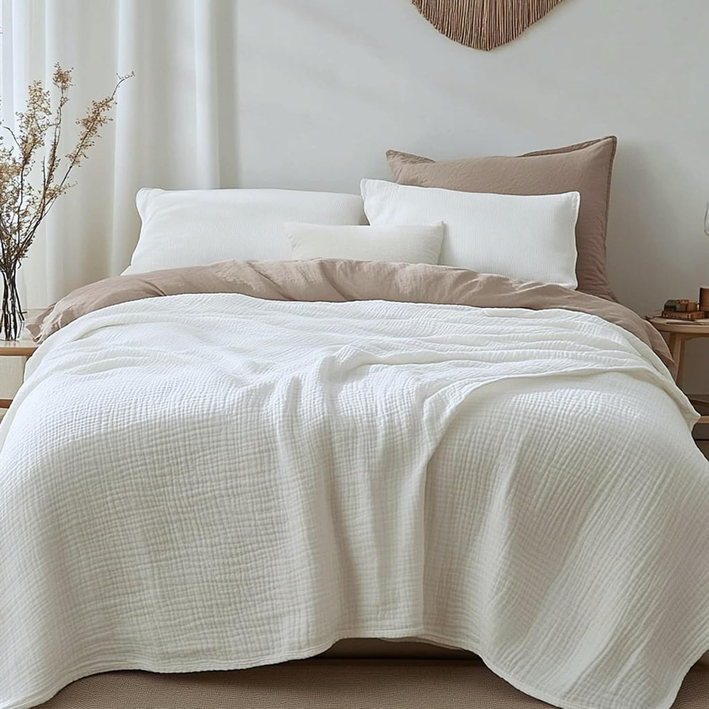Ivory Cotton Muslin Sofa Throw Blanket