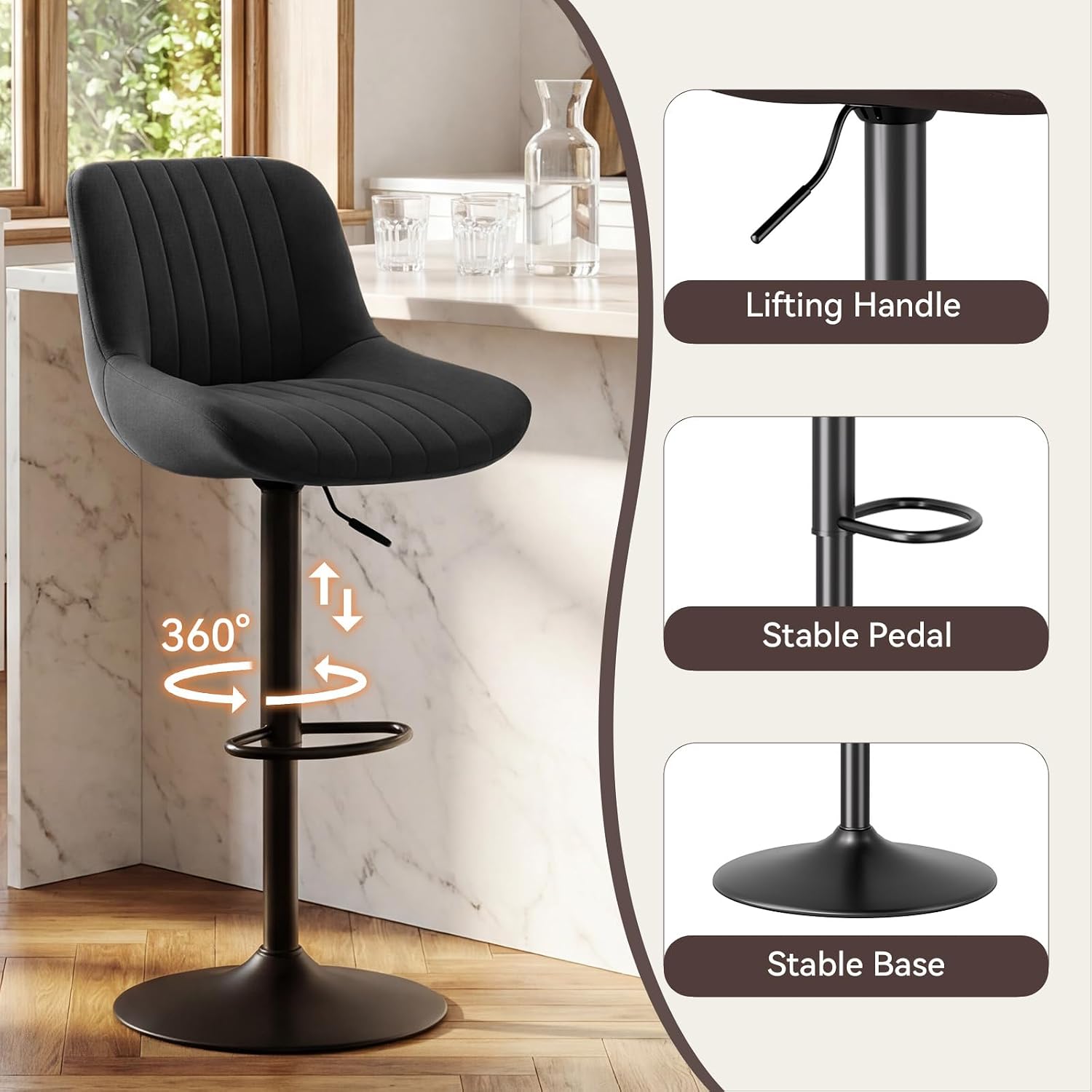 Black Swivel Fabric Bar Stool Set