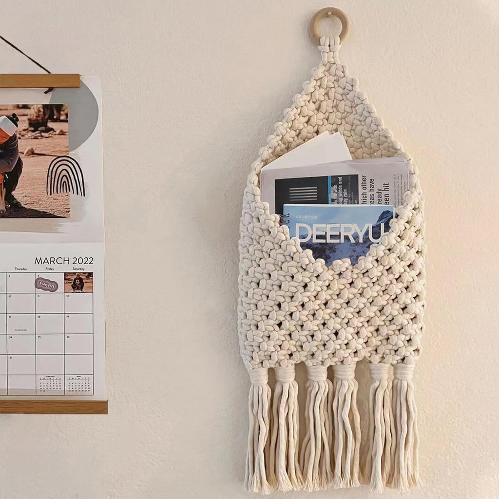 White Macrame Wall‑Mounted Mail Organizer