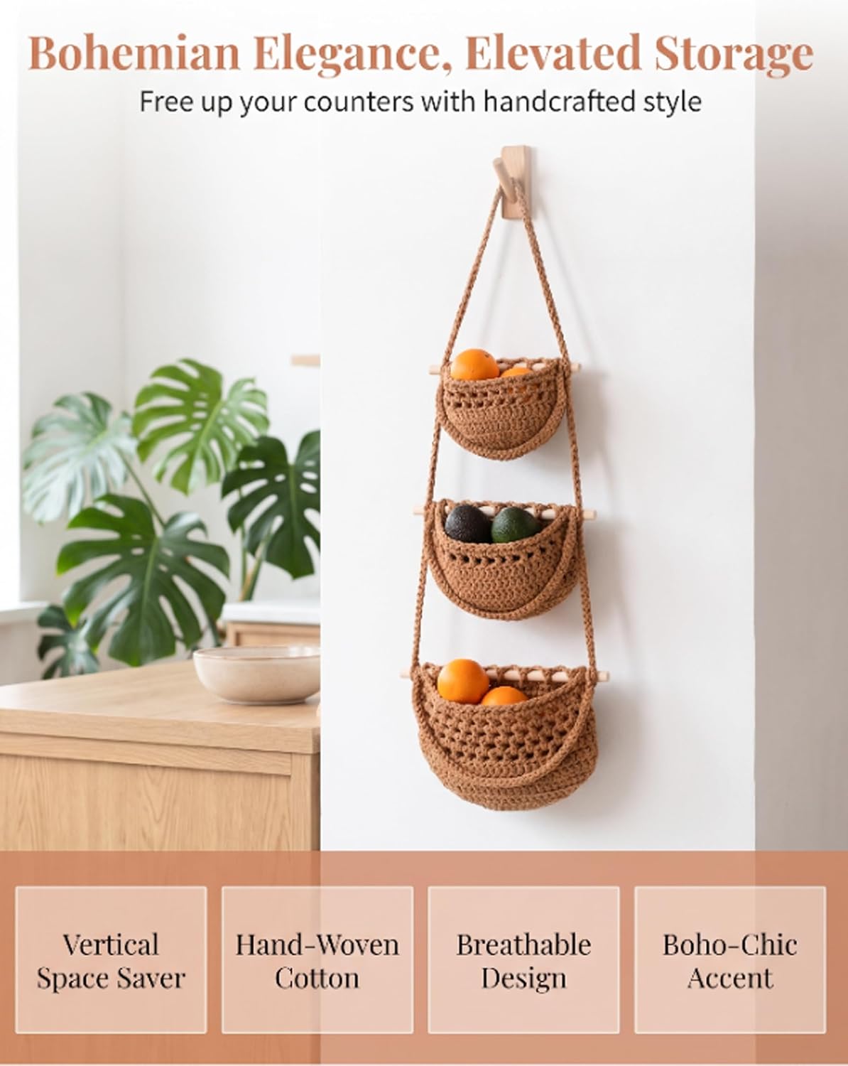 Rustic 3‑Tier Woven Hanging Fruit Basket