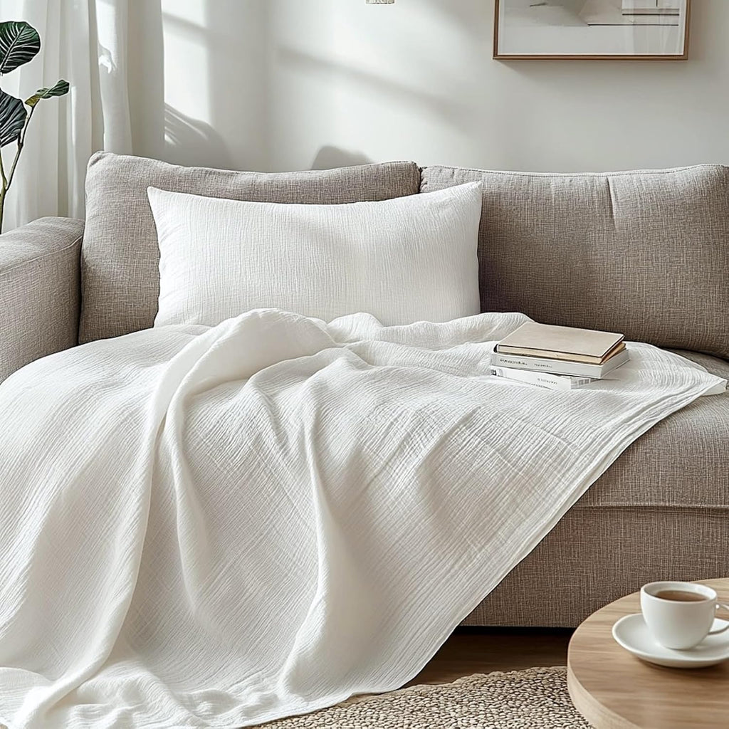 Ivory Cotton Muslin Sofa Throw Blanket