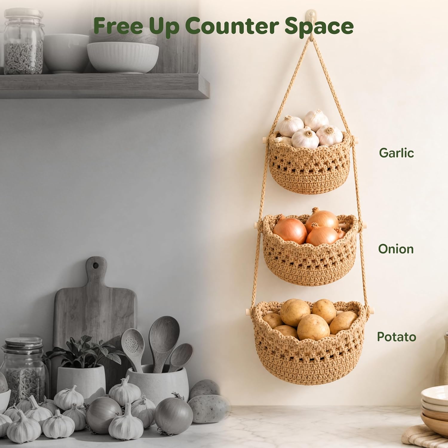 Boho 3‑Tier Cotton Hanging Fruit Basket
