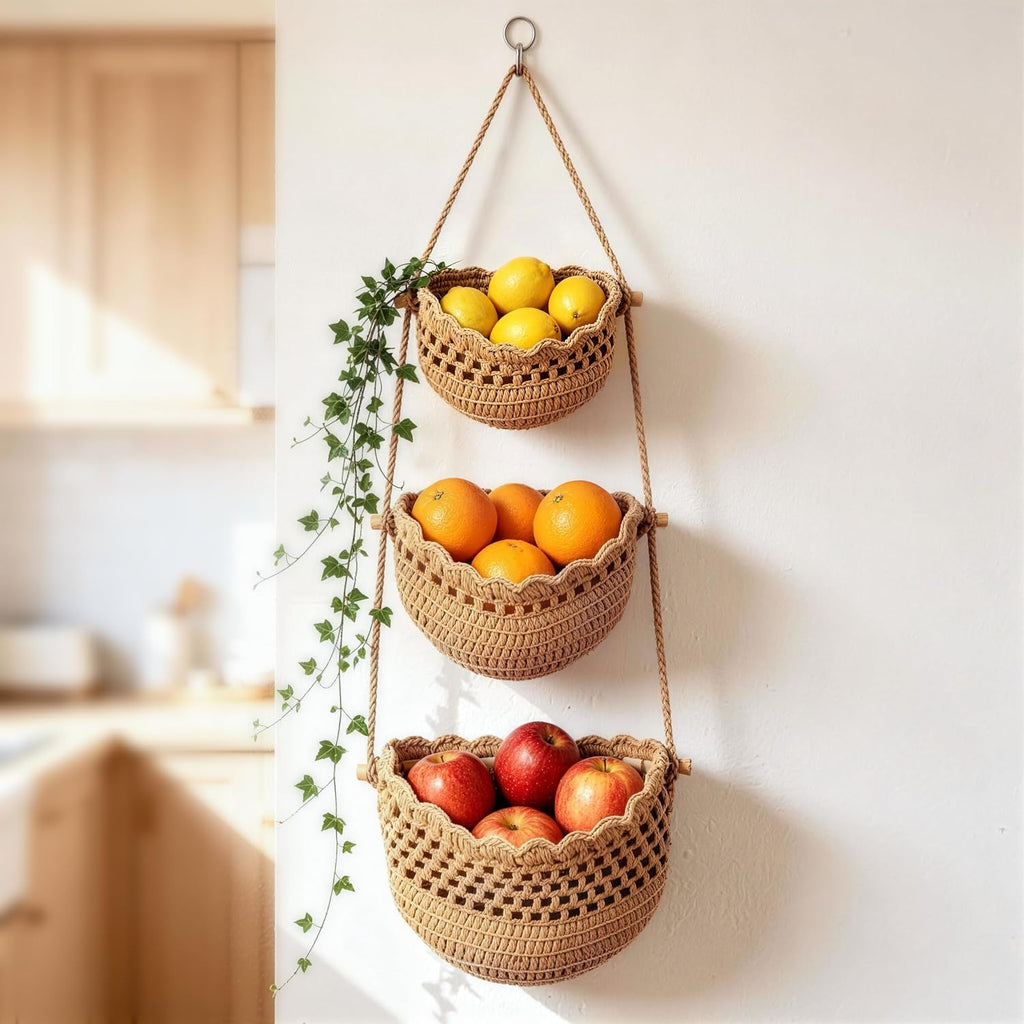 Boho 3‑Tier Cotton Hanging Fruit Basket