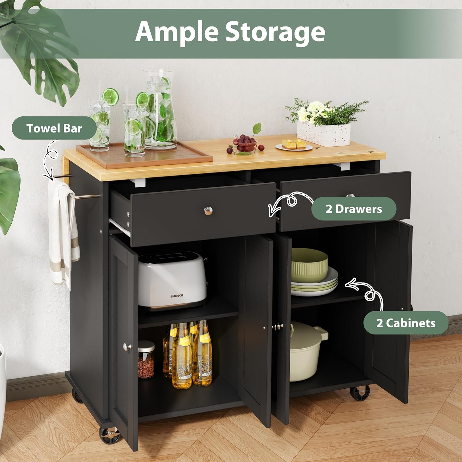Black Rolling Kitchen Island Storage Cart