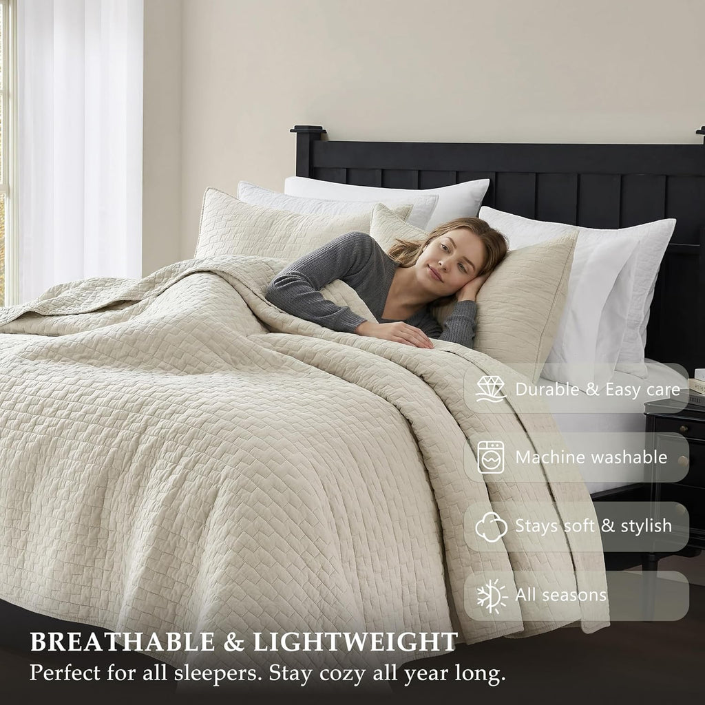 Beige Cotton Quilt Queen Bedding Set