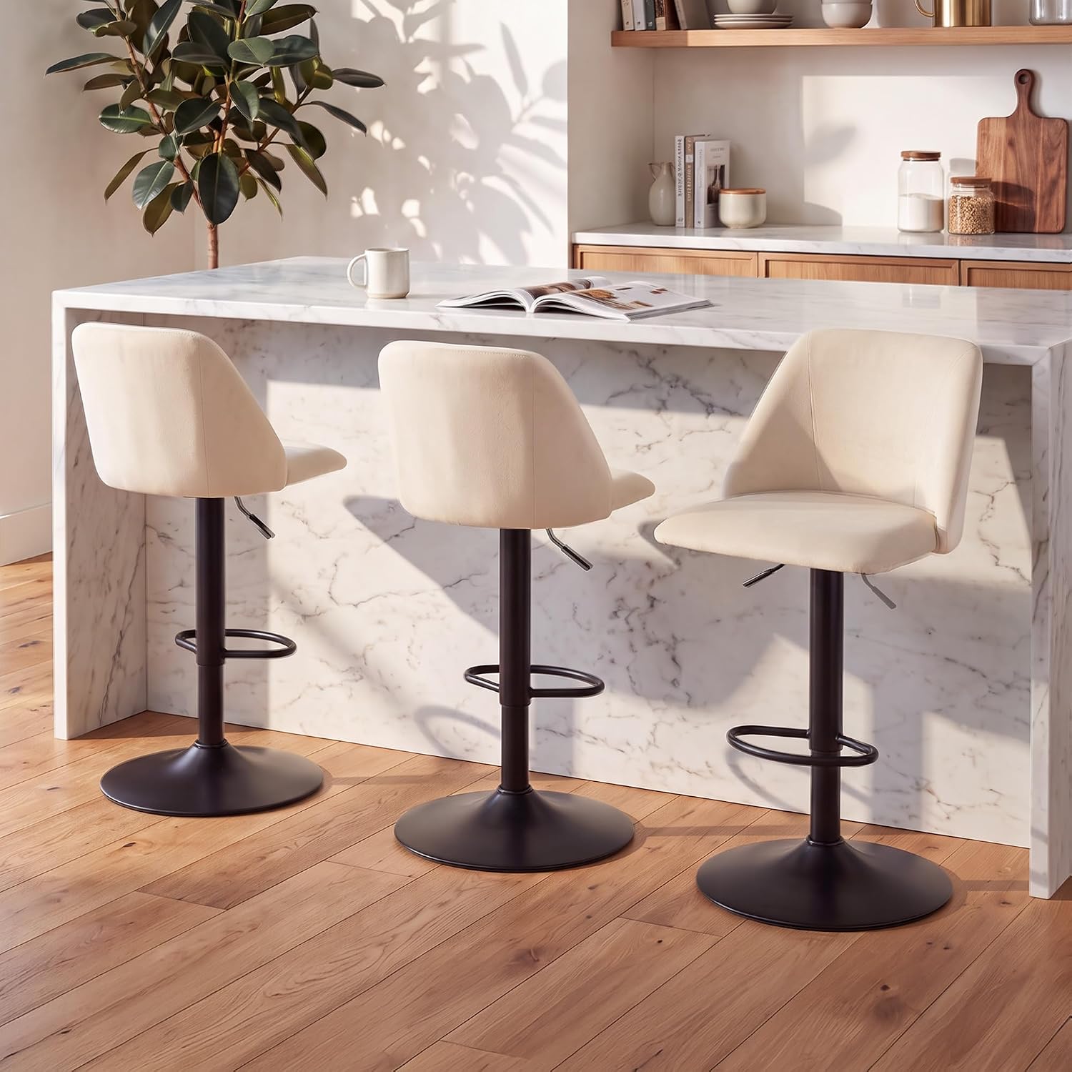 Beige Swivel Upholstered Bar Stool Set