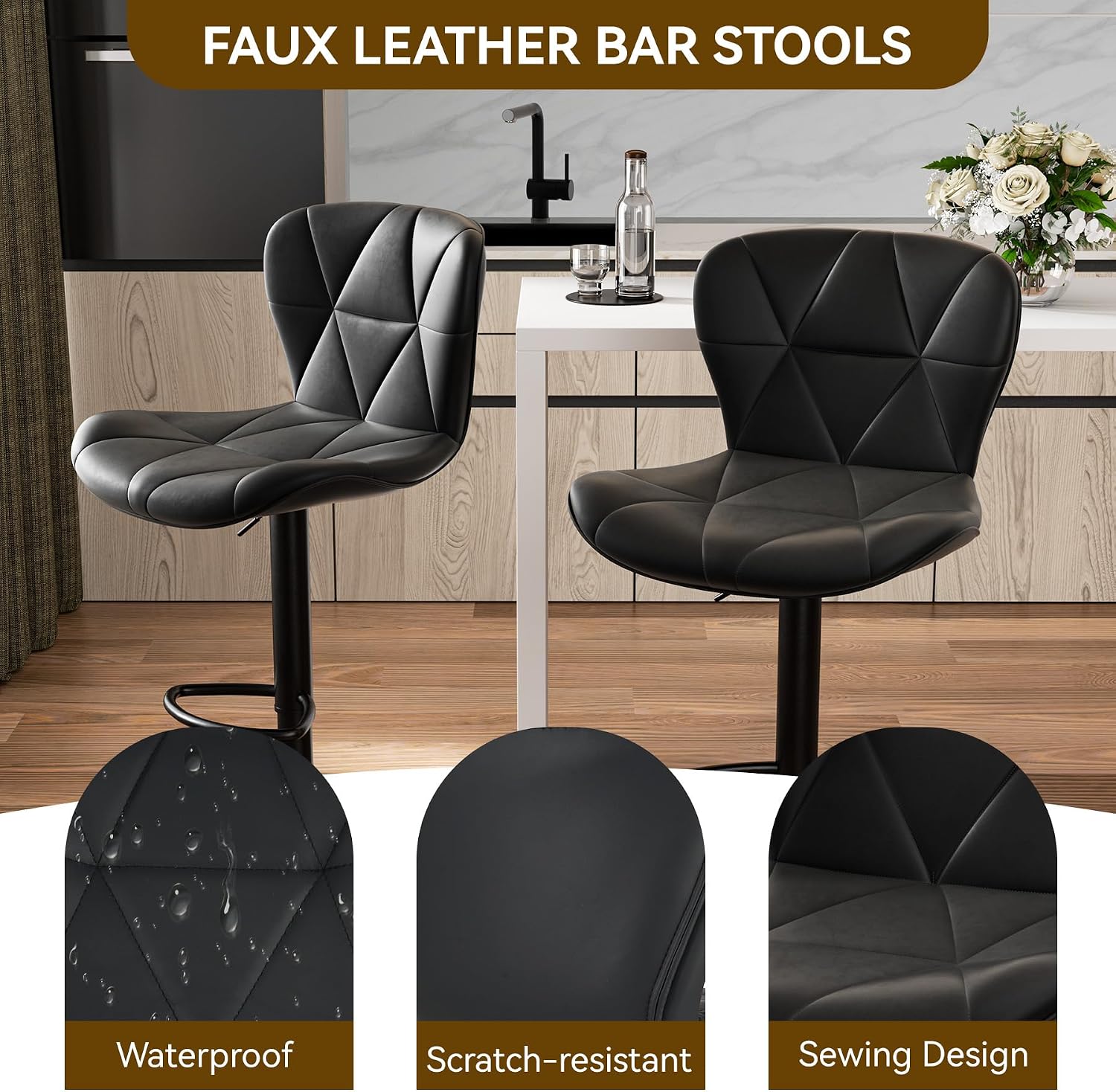 Black Faux‑Leather Swivel Bar Stool Set