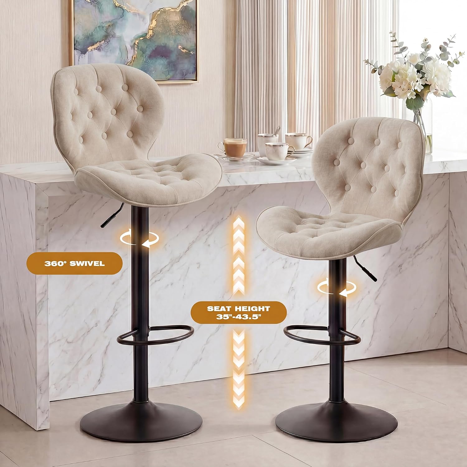 Khaki Swivel Adjustable Bar Stool Set