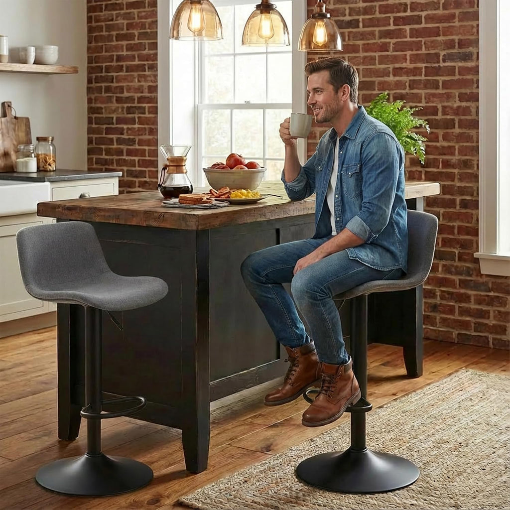 Grey Fabric Swivel Bar Stool Set