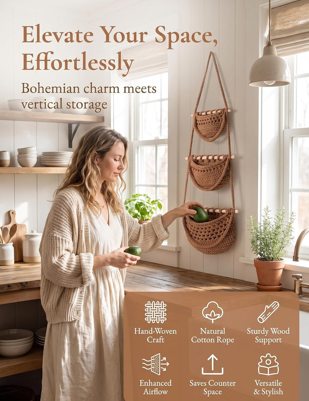 Rustic 3‑Tier Woven Hanging Fruit Basket