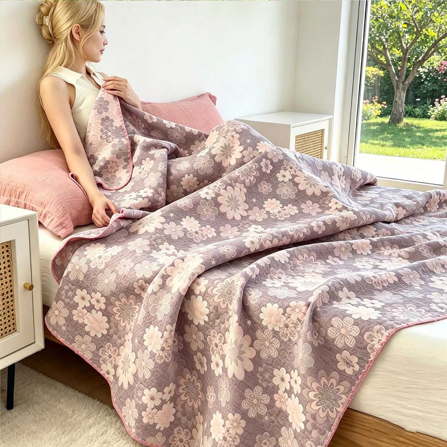 Floral Cotton Muslin King Bed Blanket
