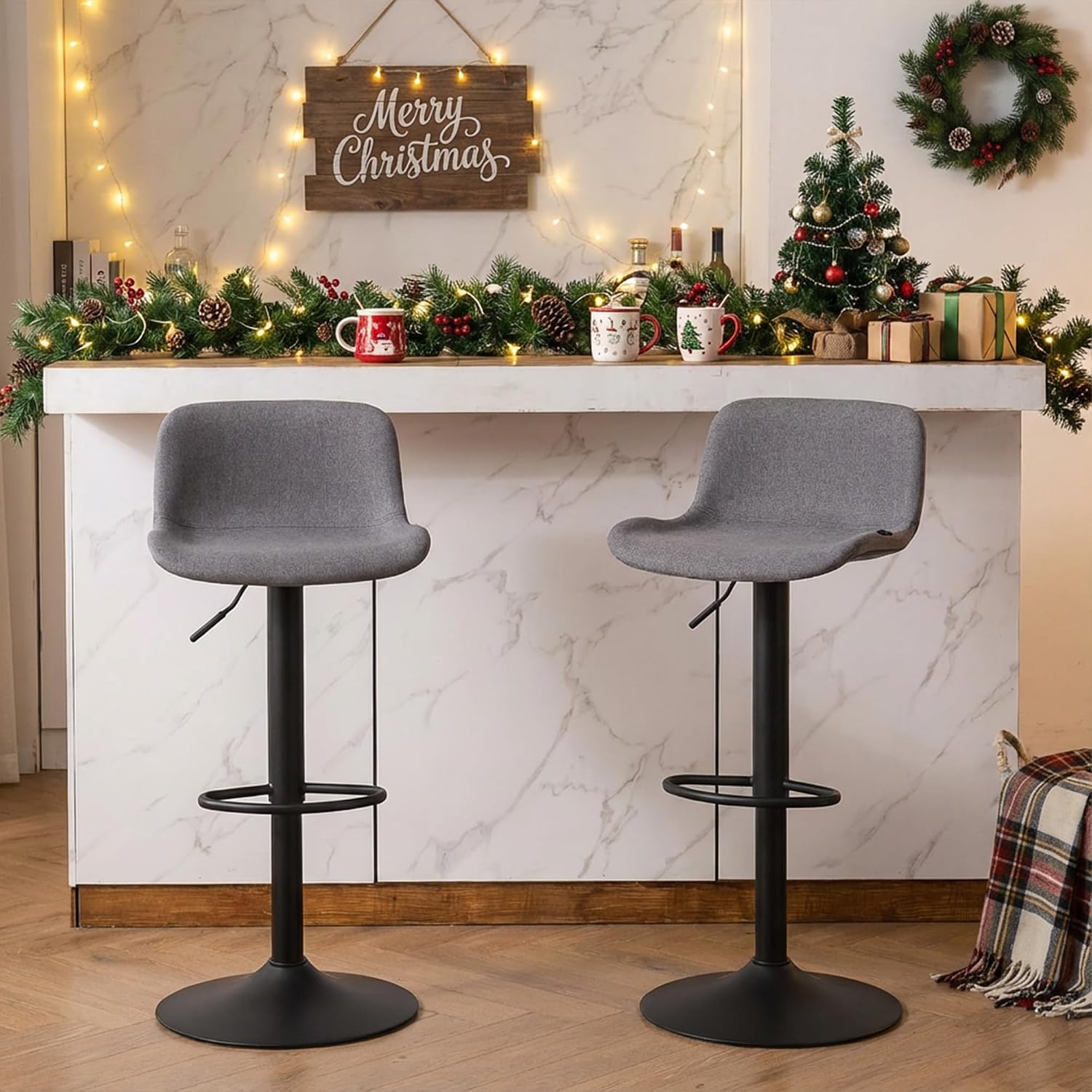 Grey Fabric Swivel Bar Stool Set