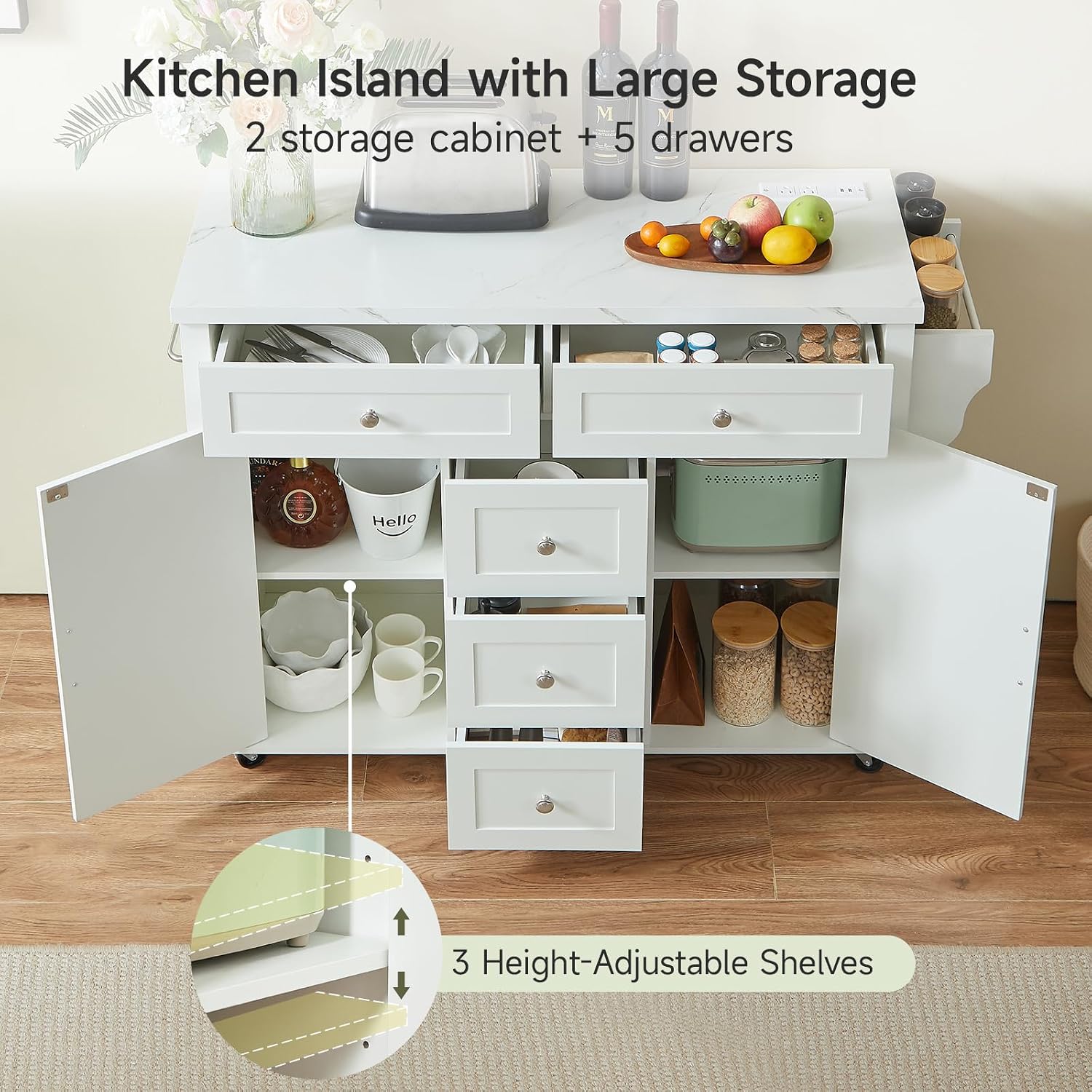 White Rolling Kitchen Island Storage Cabinet