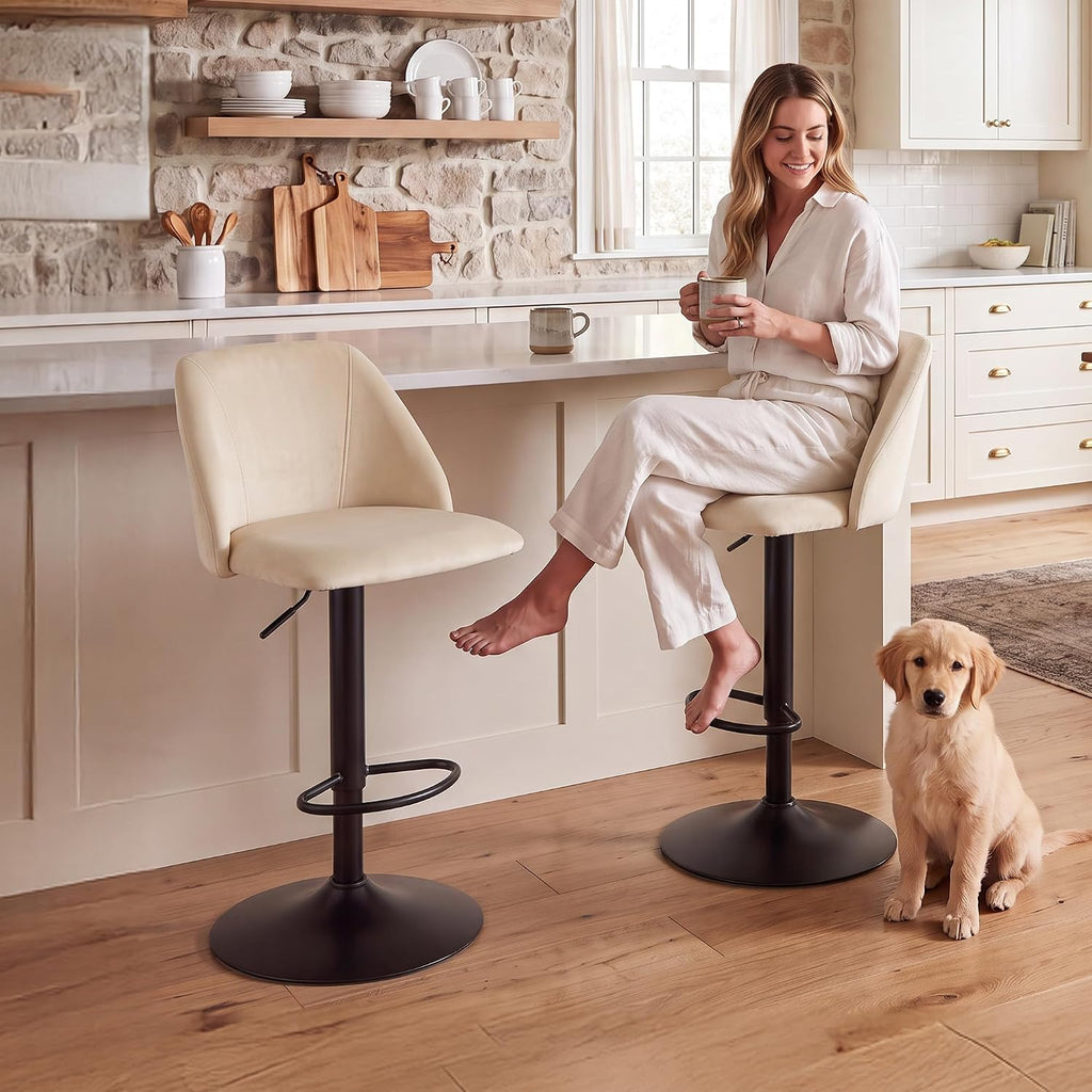 Beige Swivel Upholstered Bar Stool Set