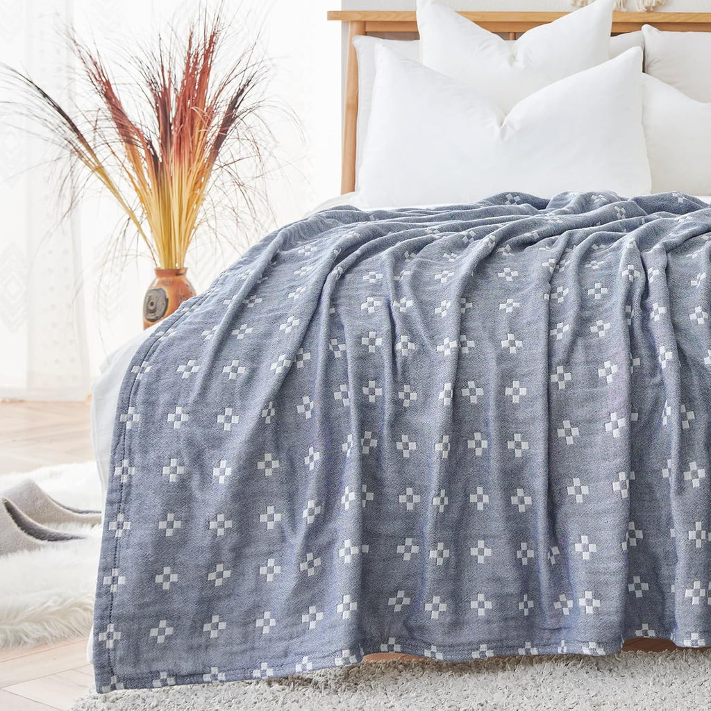Blue Boho Muslin Cotton Twin Blanket