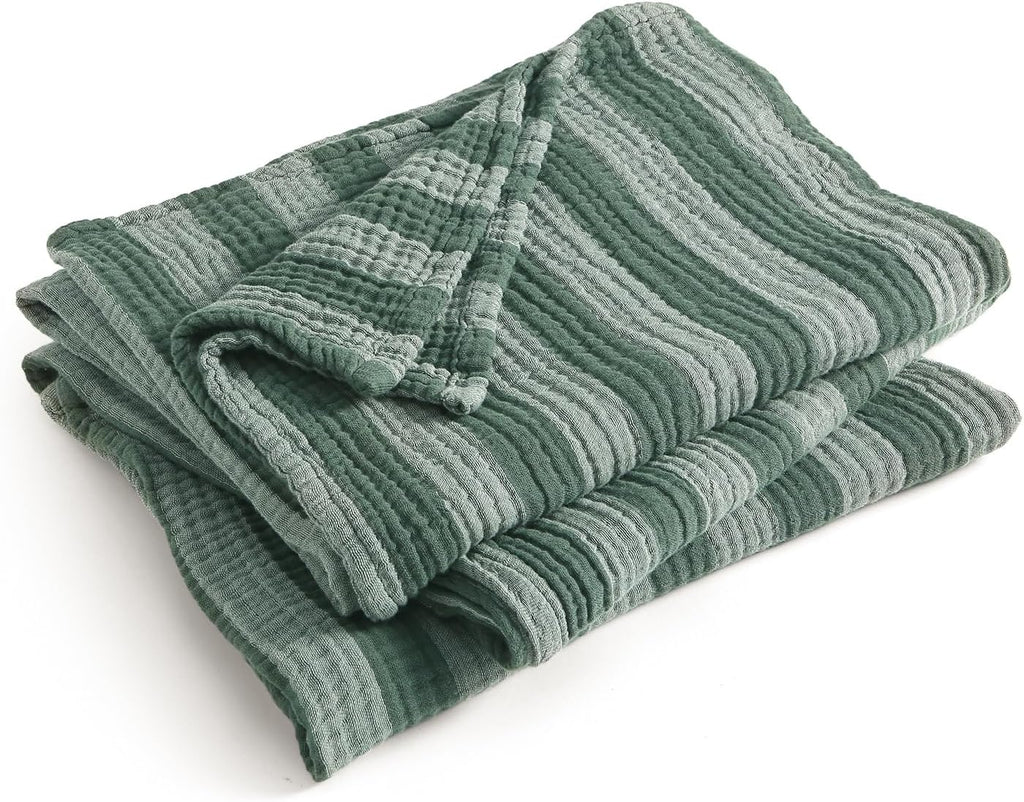 Green Striped Muslin Cotton Throw Blanket