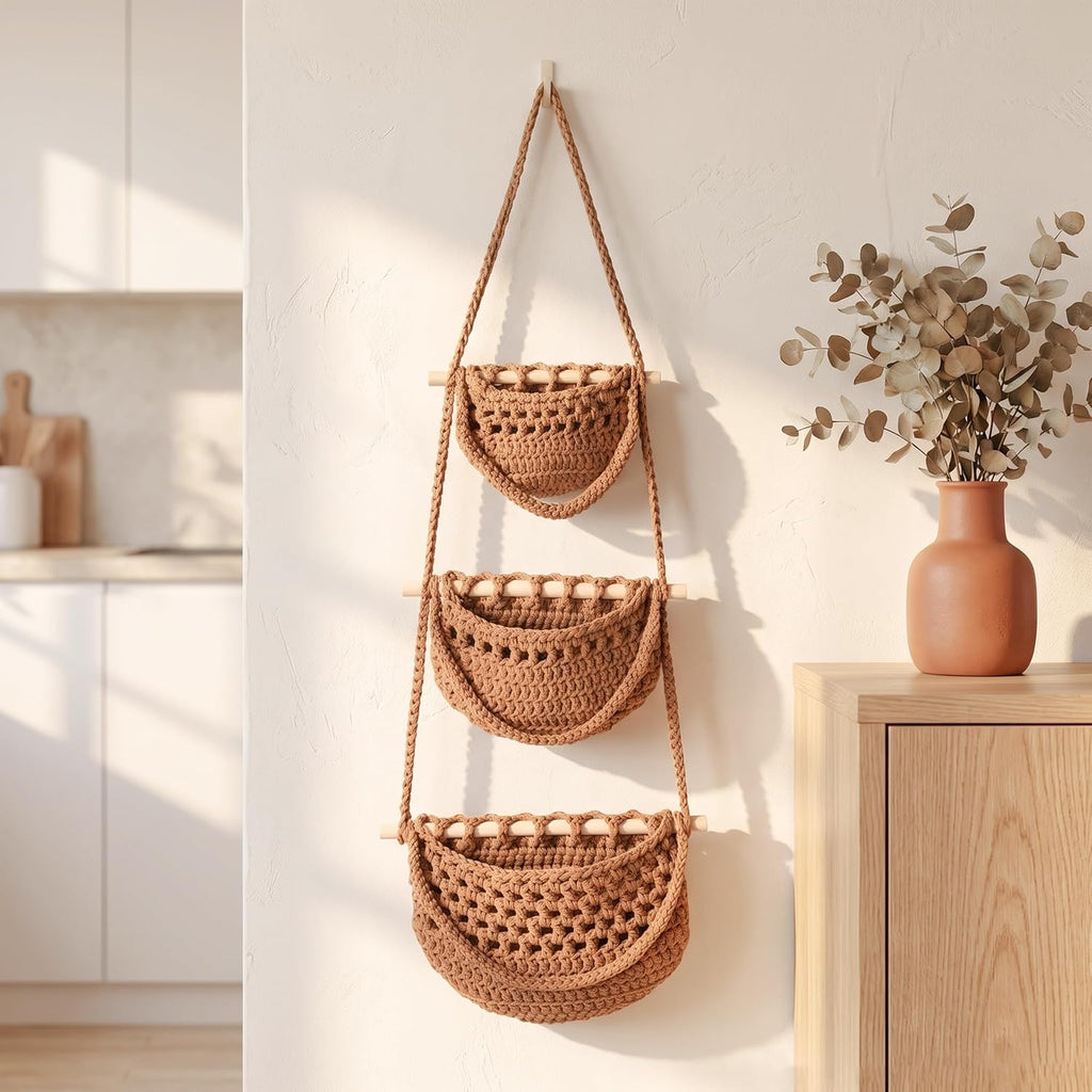 Rustic 3‑Tier Woven Hanging Fruit Basket