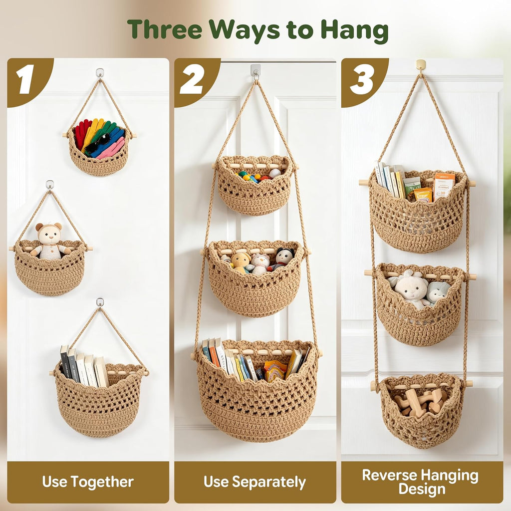 Boho 3‑Tier Cotton Hanging Fruit Basket