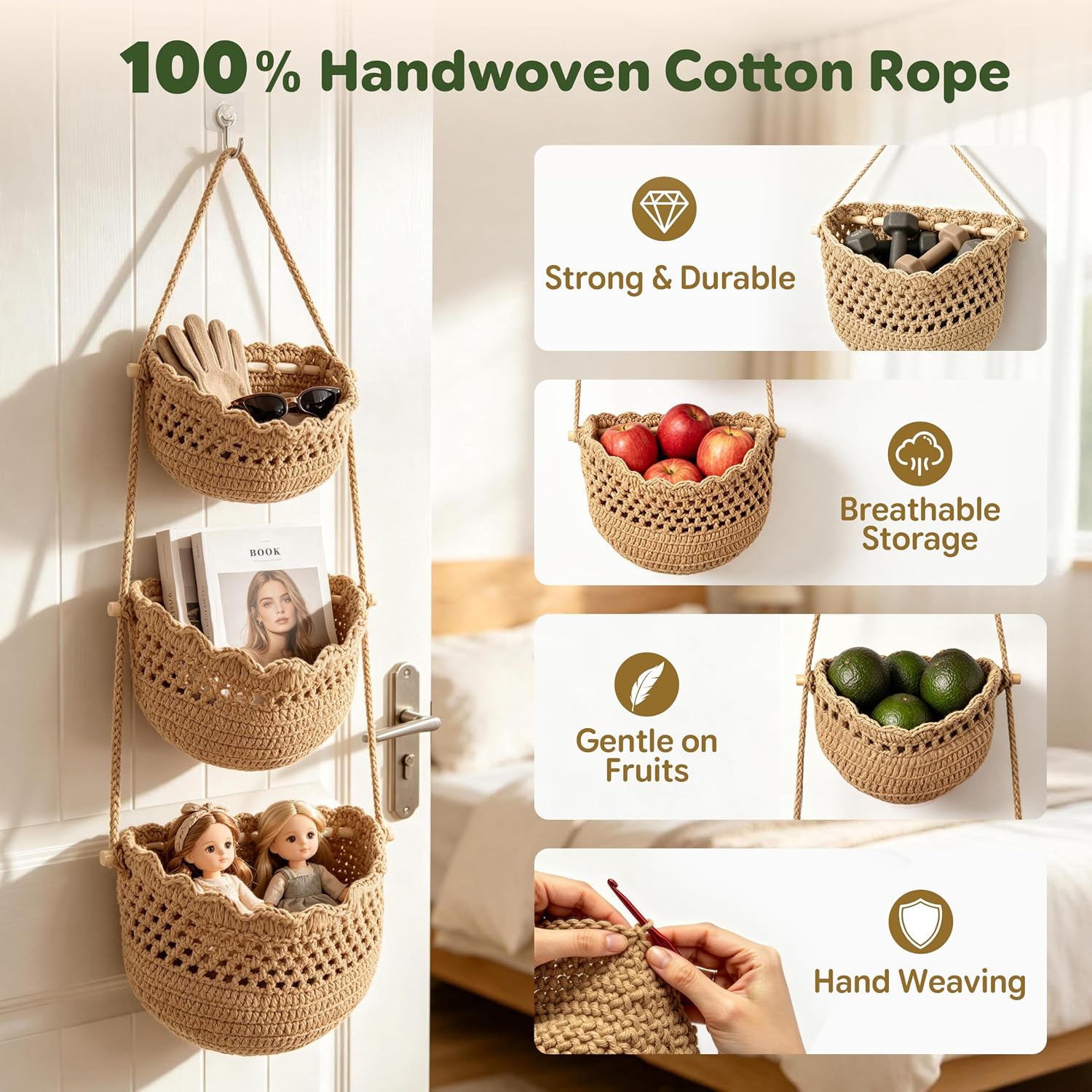 Boho 3‑Tier Cotton Hanging Fruit Basket