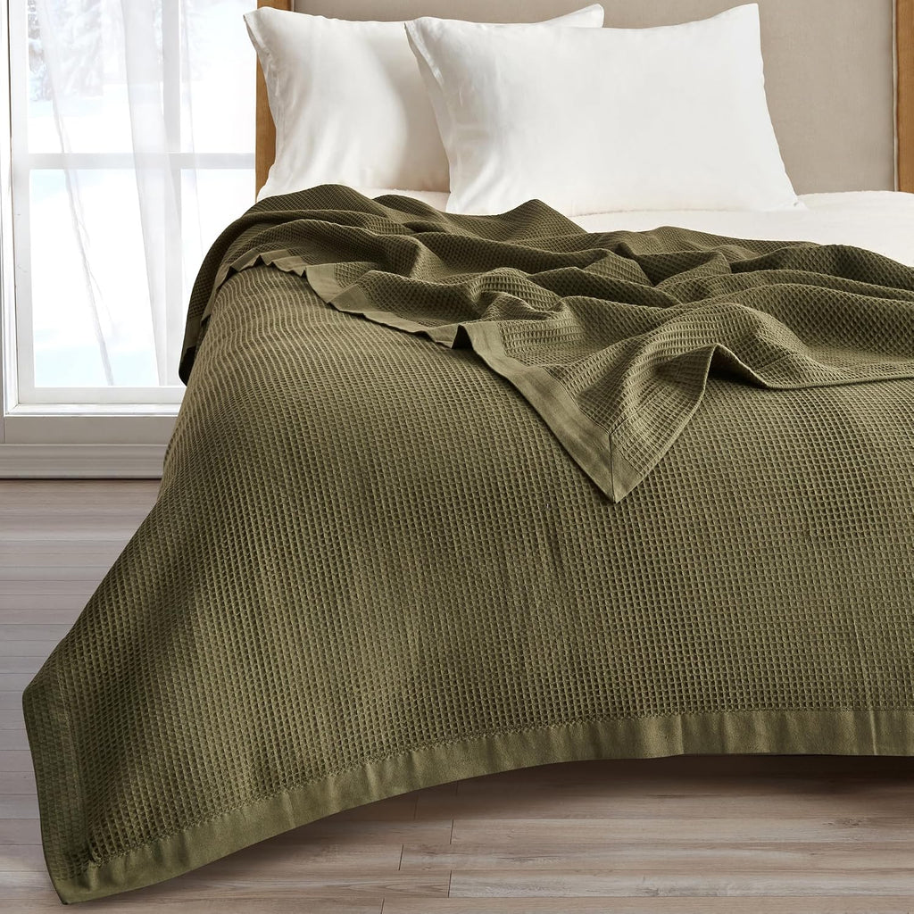 Olive Cotton Waffle King Bed Blanket