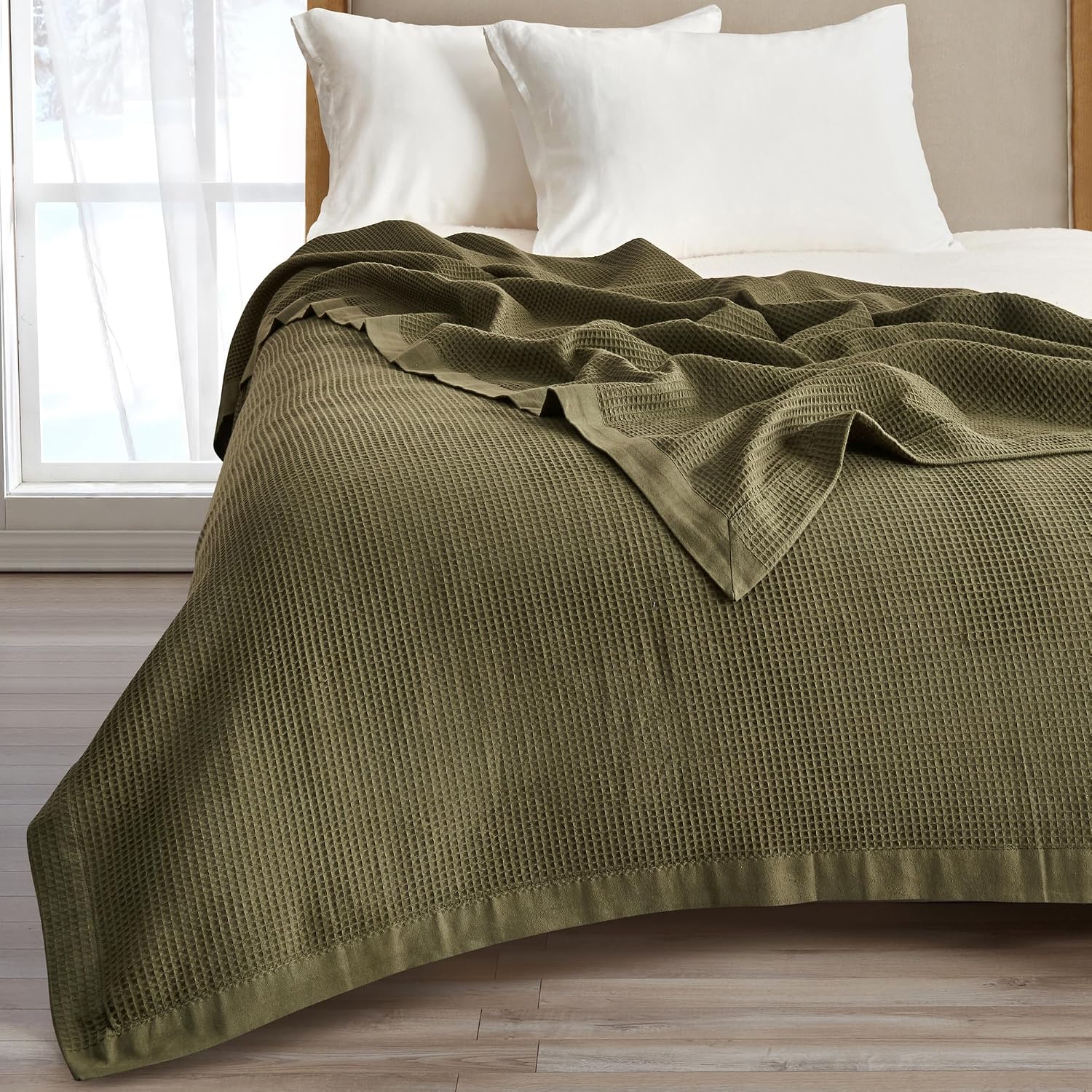 Olive Cotton Waffle King Bed Blanket