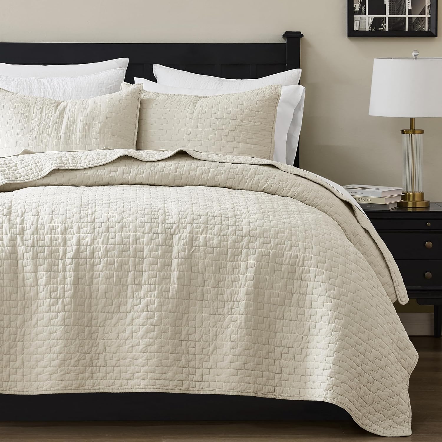 Beige Cotton Quilt Queen Bedding Set