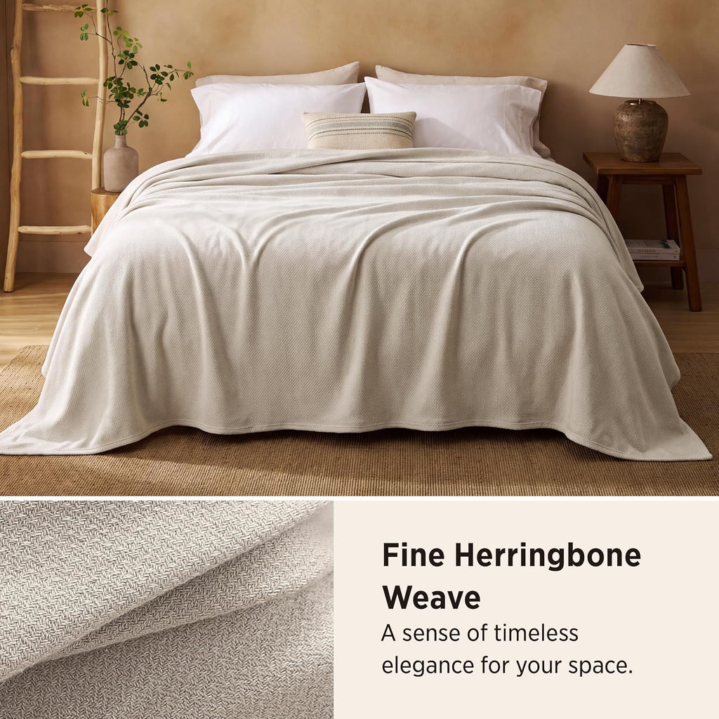 Beige Cotton Herringbone King Blanket